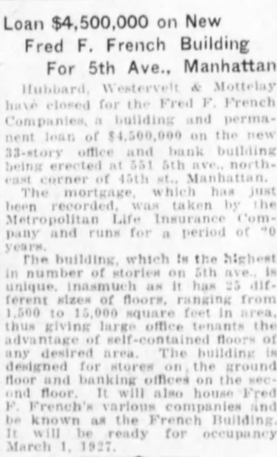 Loan $4,500,000 on New Fred F. French Building For 5th Ave, Manhattan