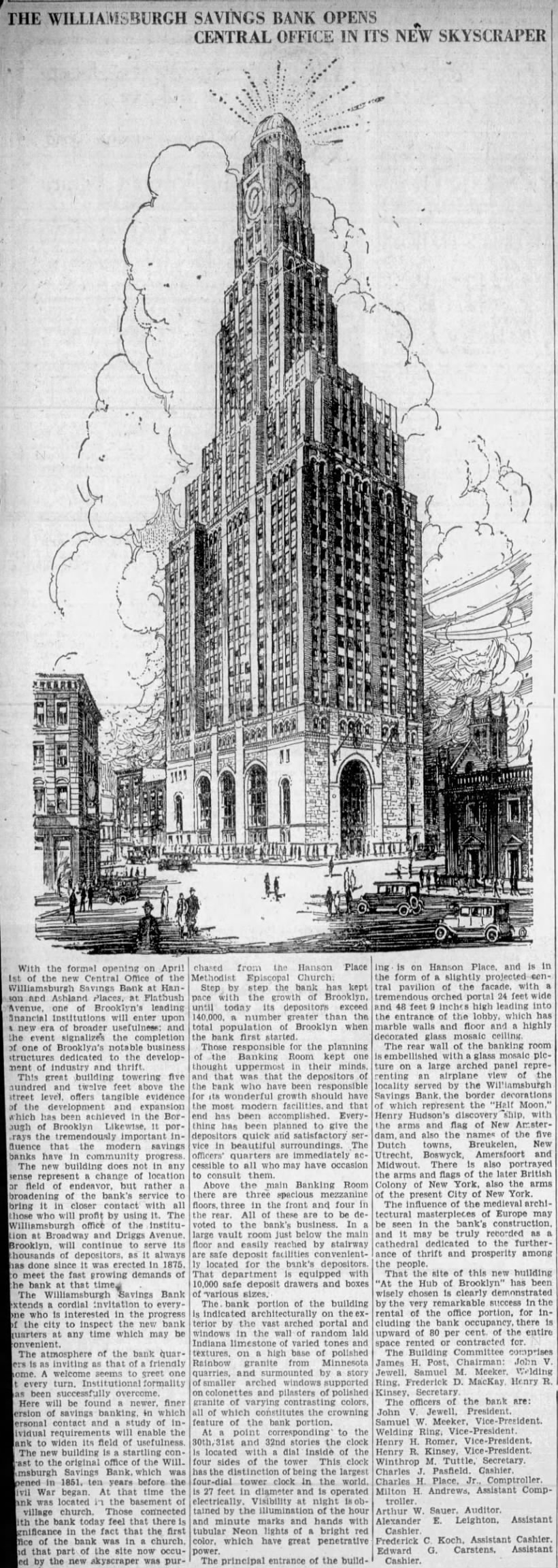 The Williamsburgh Savings Bank Opens Its Central Office in New Skyscraper