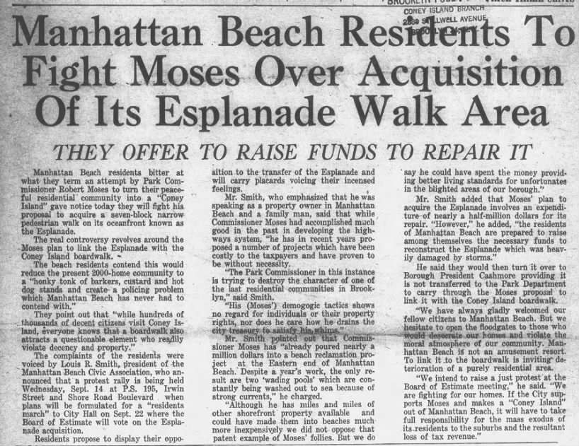 Manhattan Beach Residents Fight Moses Over Acquisition of Its Esplanade Walk Area