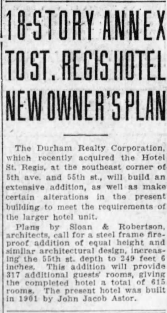18-story Annex to St. Regis Hotel New Owner's Plan