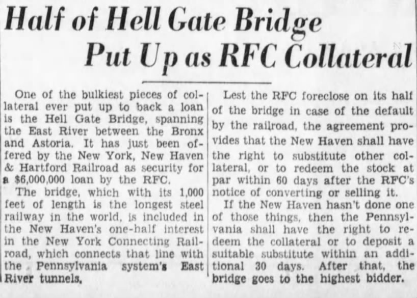 Half of Hell Gate Bridge Put Up as RFC Collateral