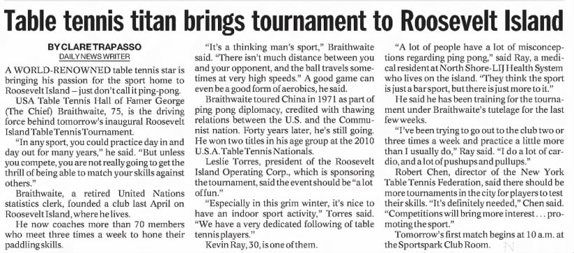 Table tennis titan brings tournament to Roosevelt Island