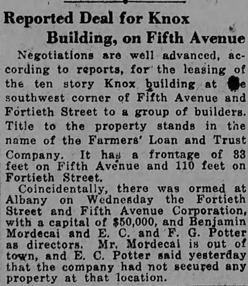 Reported Deal for Knox Building, on Fifth Avenue