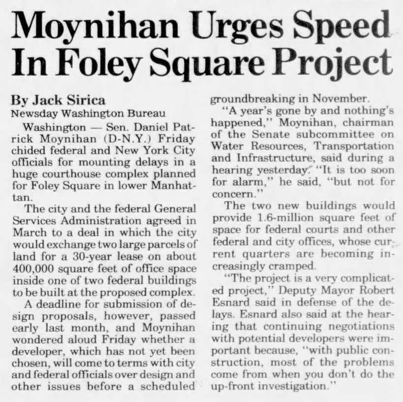 Moynihan Urges Speed in Foley Square Project/Jack Sirica