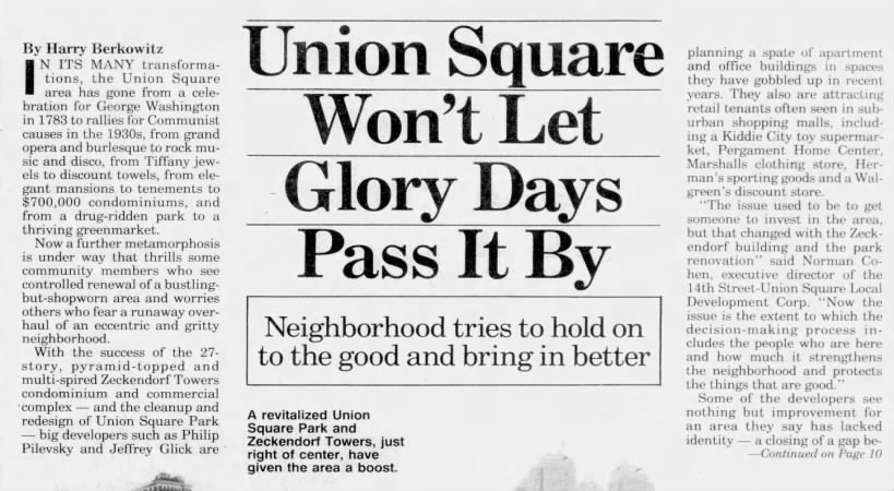 Union Square Won't Let Glory Days Pass It By/Harry Berkowitz