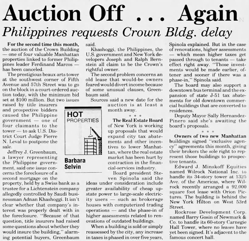 Hot Properties Auction Off ... Again Philippines Requests Crown Bldg. Delay