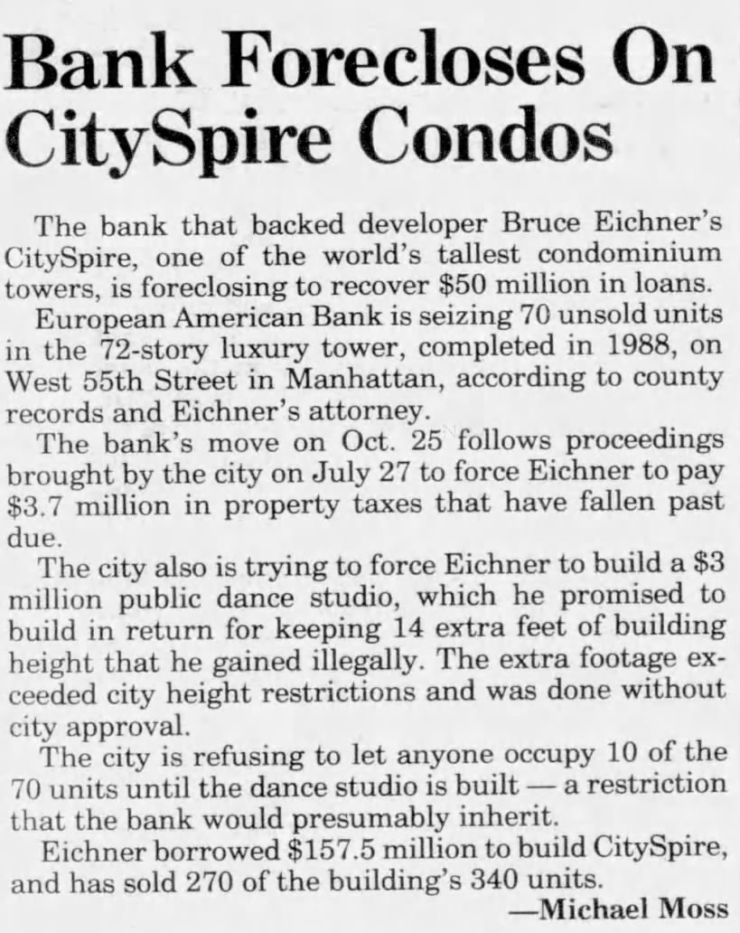 Bank Forecloses on CitySpire Condos