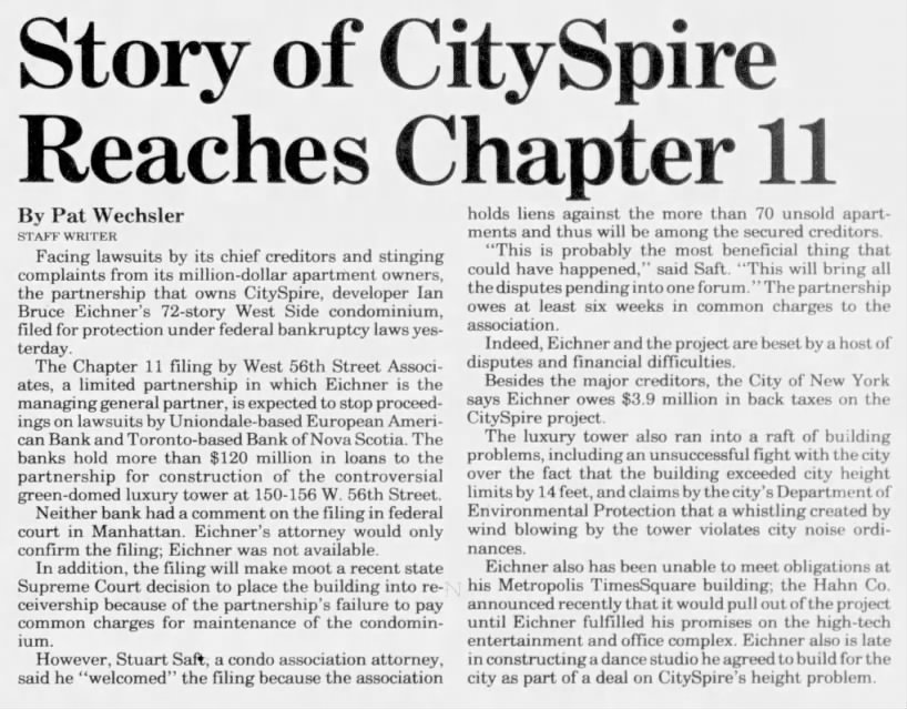 Story of CitySpire Reaches Chapter 11