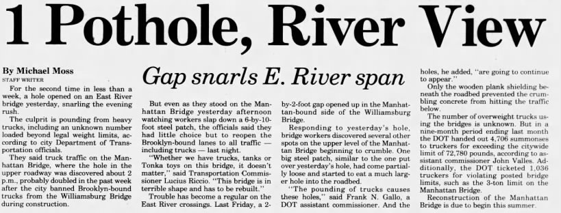 1 Pothole, River View Gap snarls E. River span