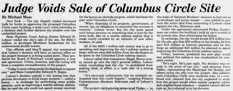 Judge Voids Sale of Columbus Circle Site/Michael Moss