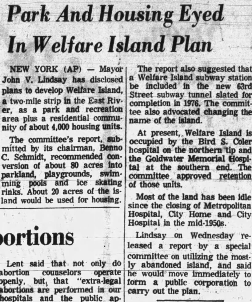 Park and Housing Eyed in Welfare Island Plan