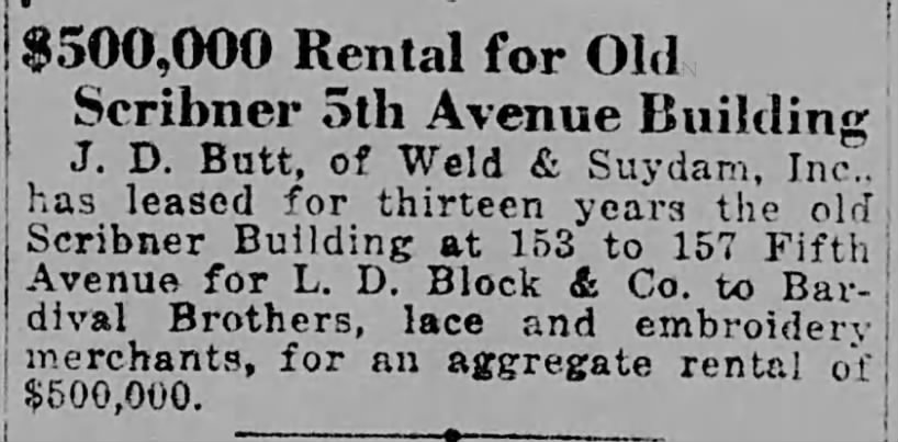 $500,000 Rental for Old Scribner 5th Avenue Building