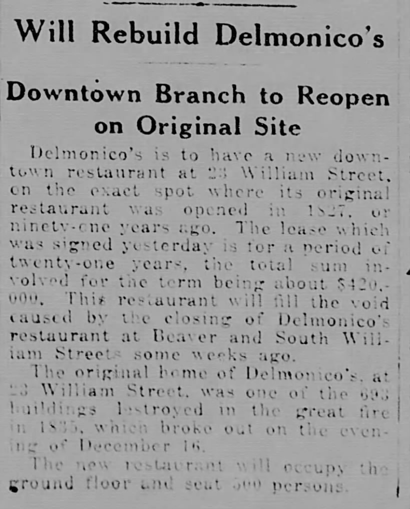 Will Rebuild Delmonico's: Downtown Branch to Reopen on Original Site