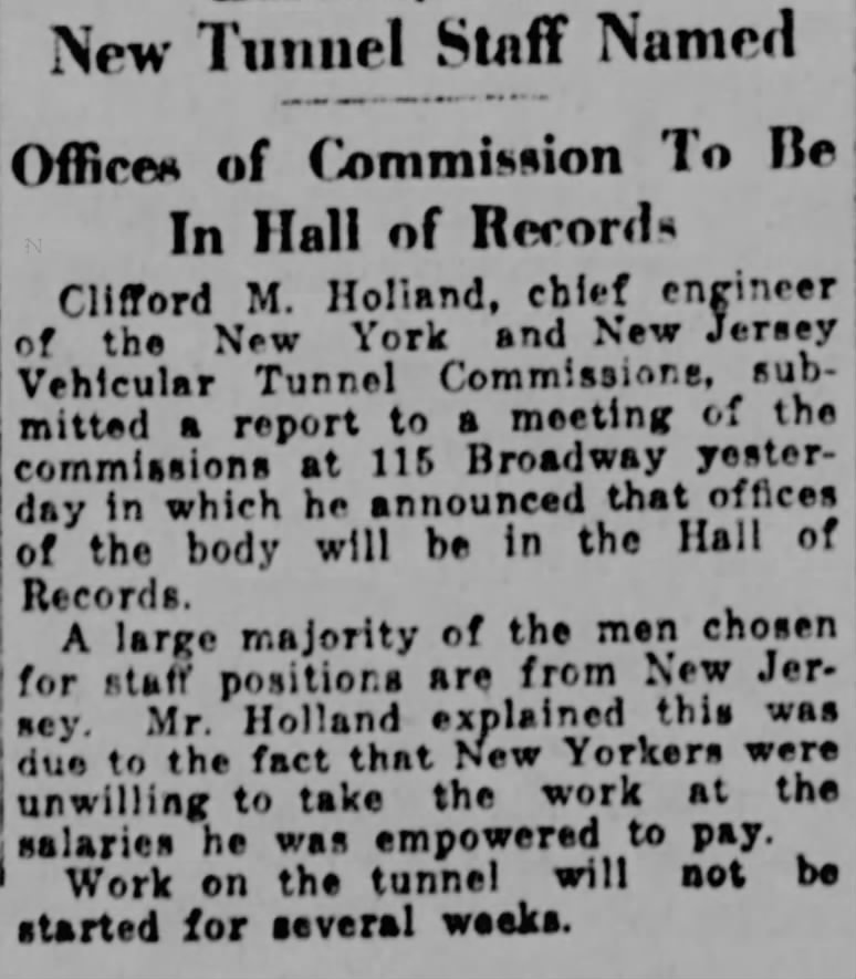 New Tunnel Staff Named: Offices of Commission To Be In Hall of Records