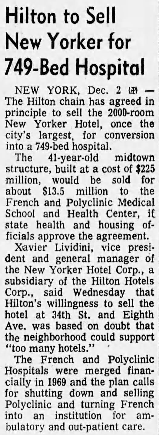 Hilton to Sell New Yorker for 749-Bed Hospital