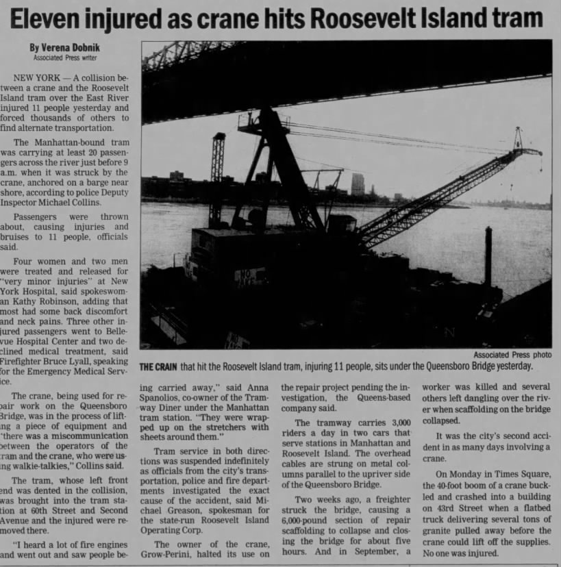 Eleven injured as crane hits Roosevelt Island tram