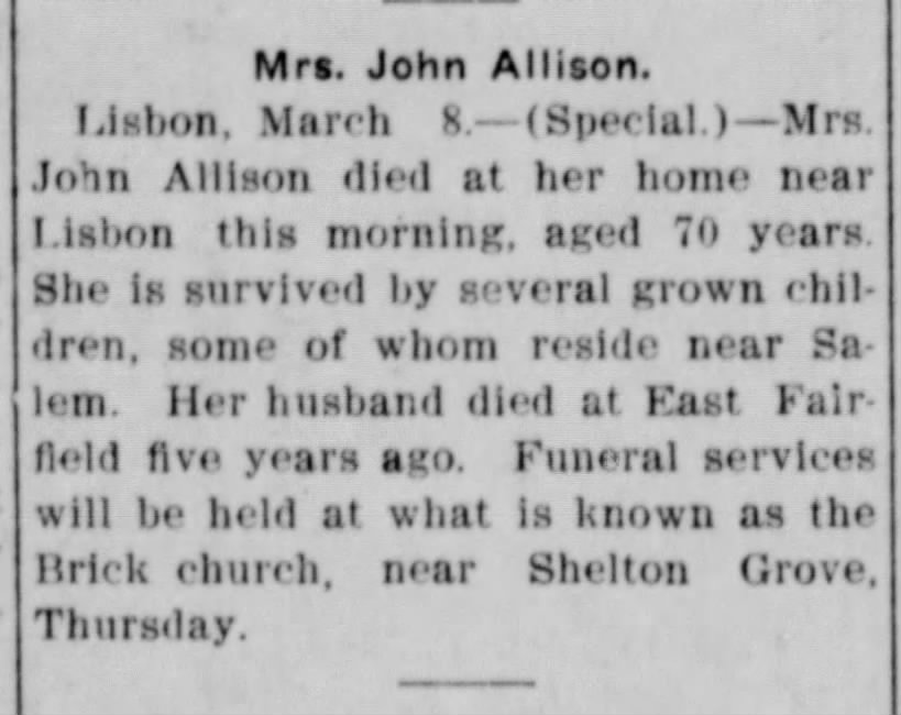 Mrs John Allison obit. Fairfield Township, Columbiana County, Ohio.