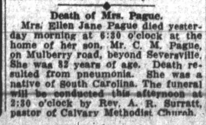 Pague, Ellen Jane - death notice 1916