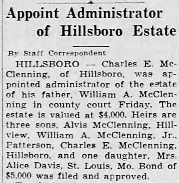 McClenning, William A. - 1935 Administrator of Estate appointed.