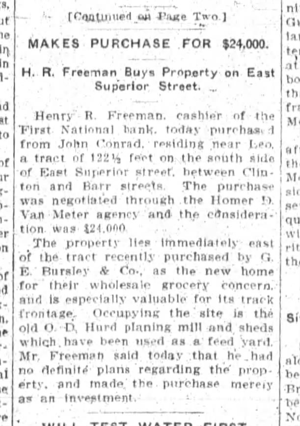 John Conrad 18 Feb 1911 sold to H. R. Freeman prpperty for $24,000