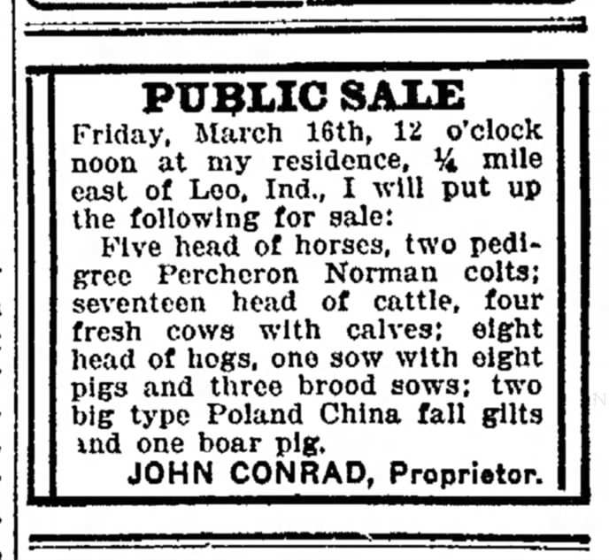 John Conrad 14 Mar 1917 sale of animals