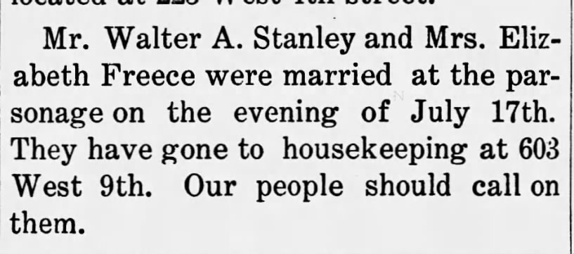 Elizabeth Boyce Freece and Walter A Stanley wed 17 july 1906