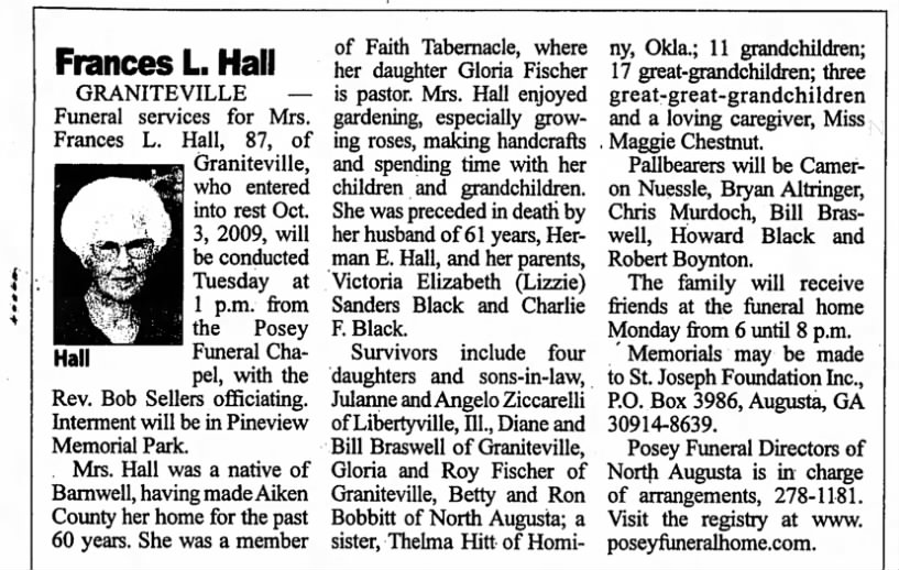 Obituary For Frances L Hall
