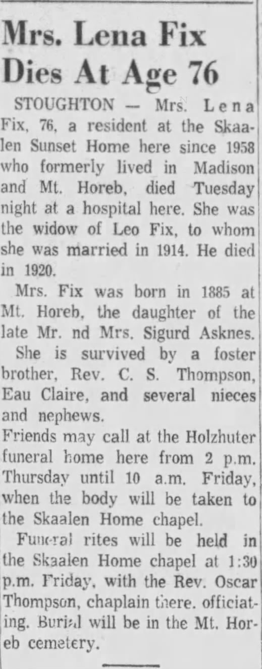 Mrs. Lena Fix Obituary 1961