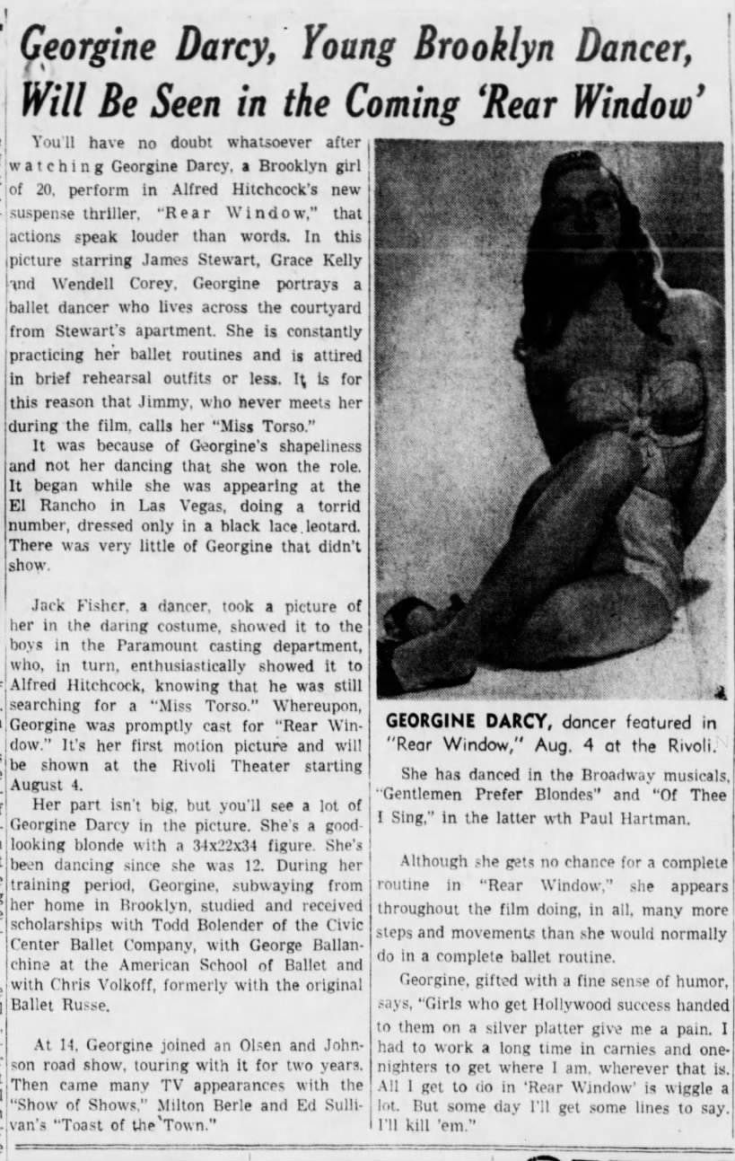 Article on Georgine Werger Darcy prior to her role as Ms Torso in Rear Window
