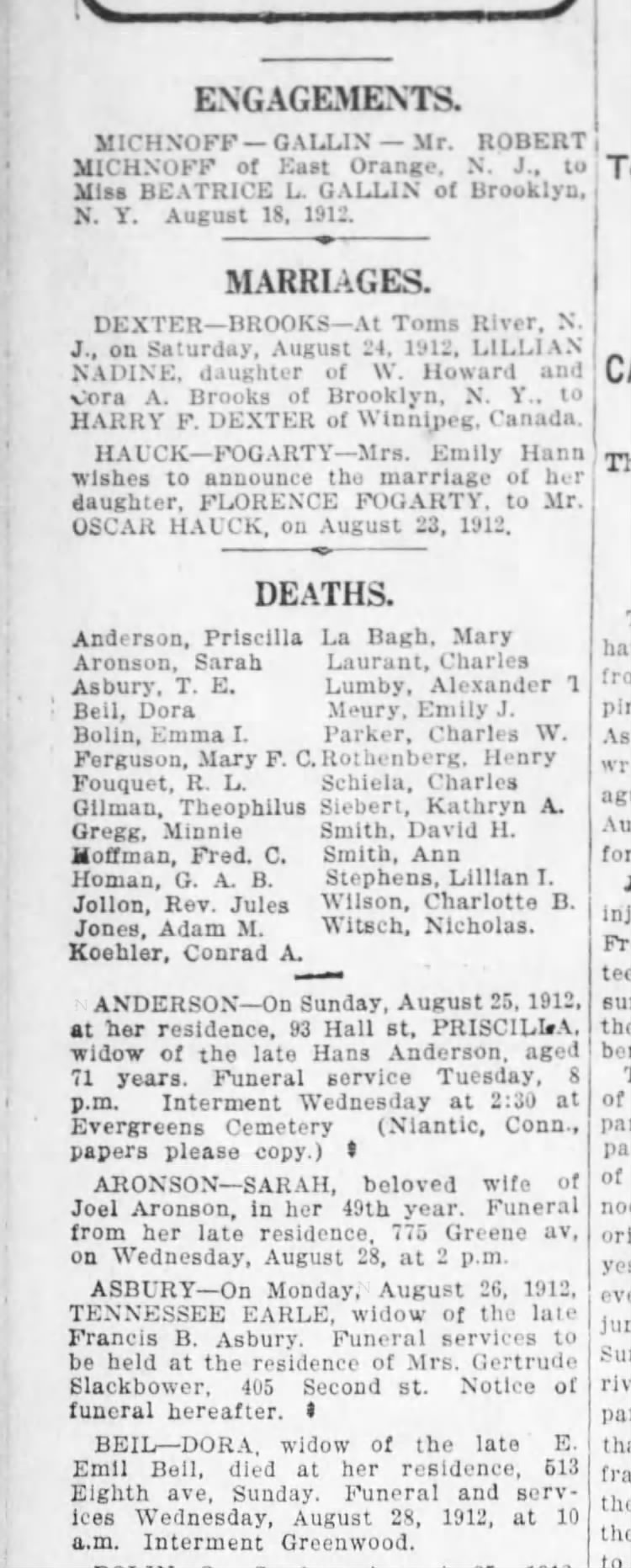 Beil , Dora - Obituary 
27 August 1912- pg 18
