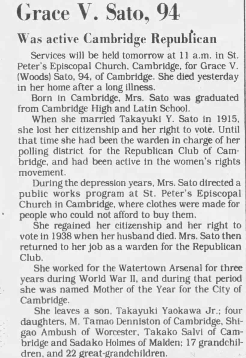 Obituary for Grace V. Sato (Aged 94)