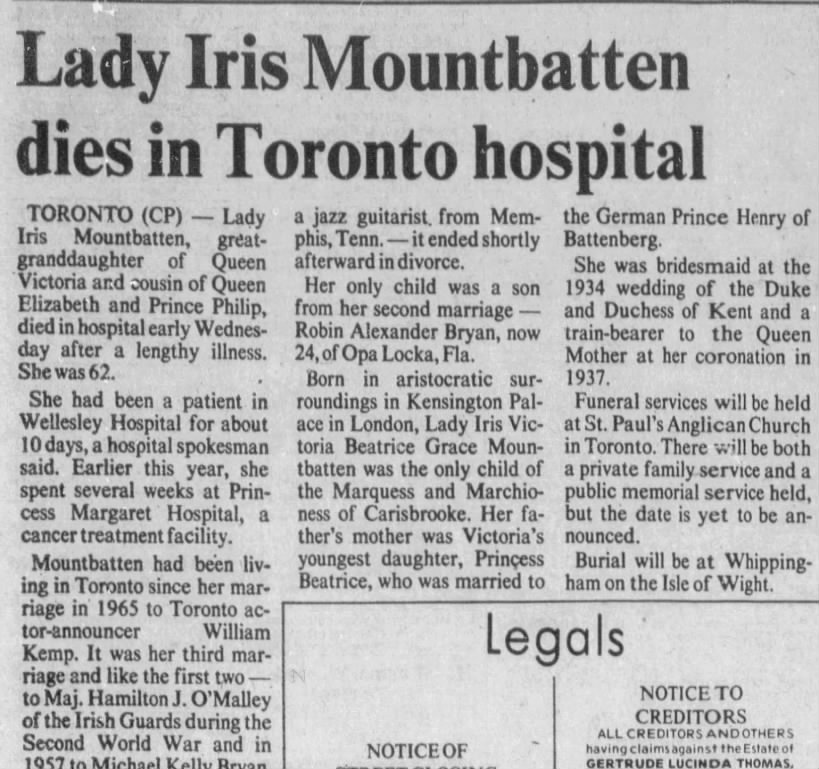 Obituary for Lady Iris Victoria Beatrice Grace Mountbatten (Aged 62)