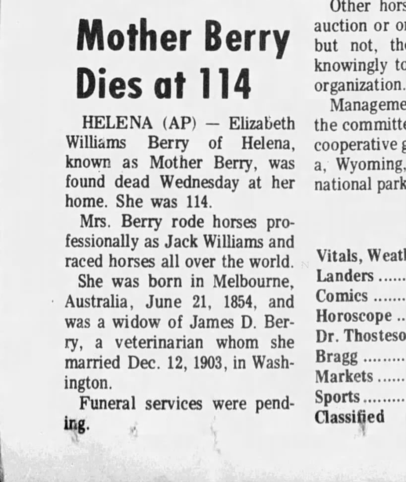Mother Berry obit Billings Gazette 1969