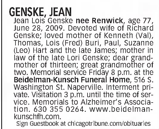 Obituary for JEAN GENSKE (Aged 77)