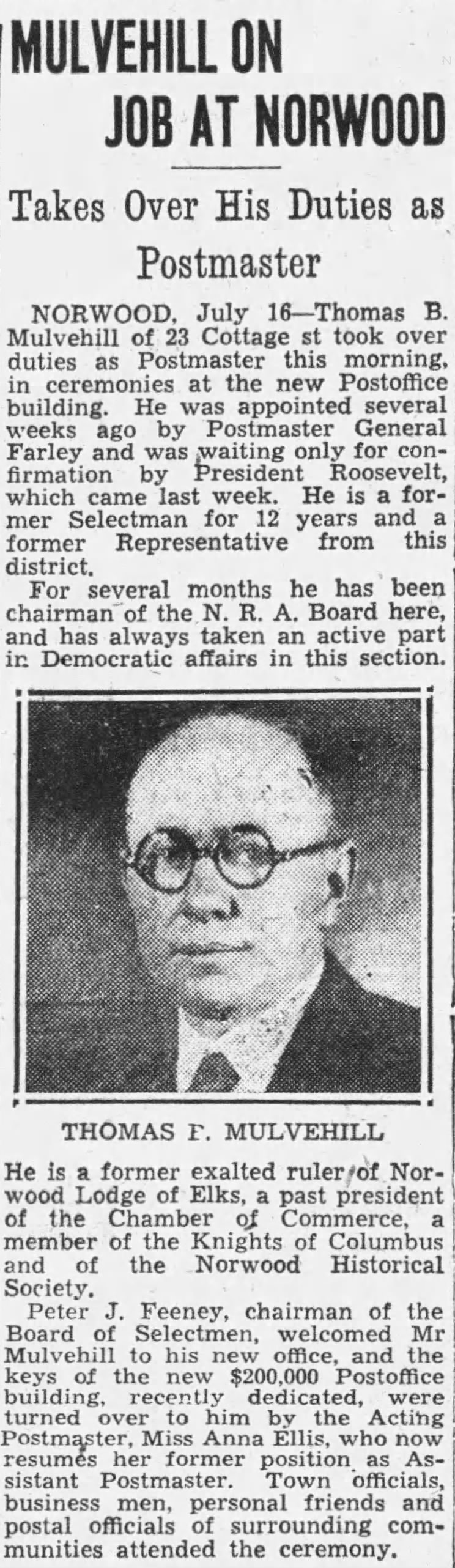 Thomas B. Mulvehill named Postmaster, Norwood Mass