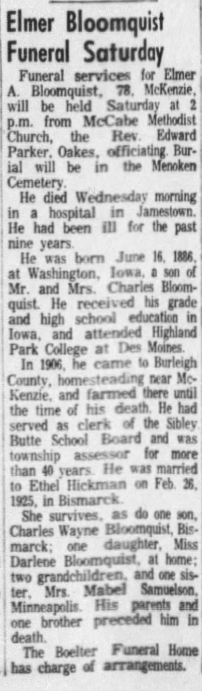 Obituary for Elmer A. Bloomquisf