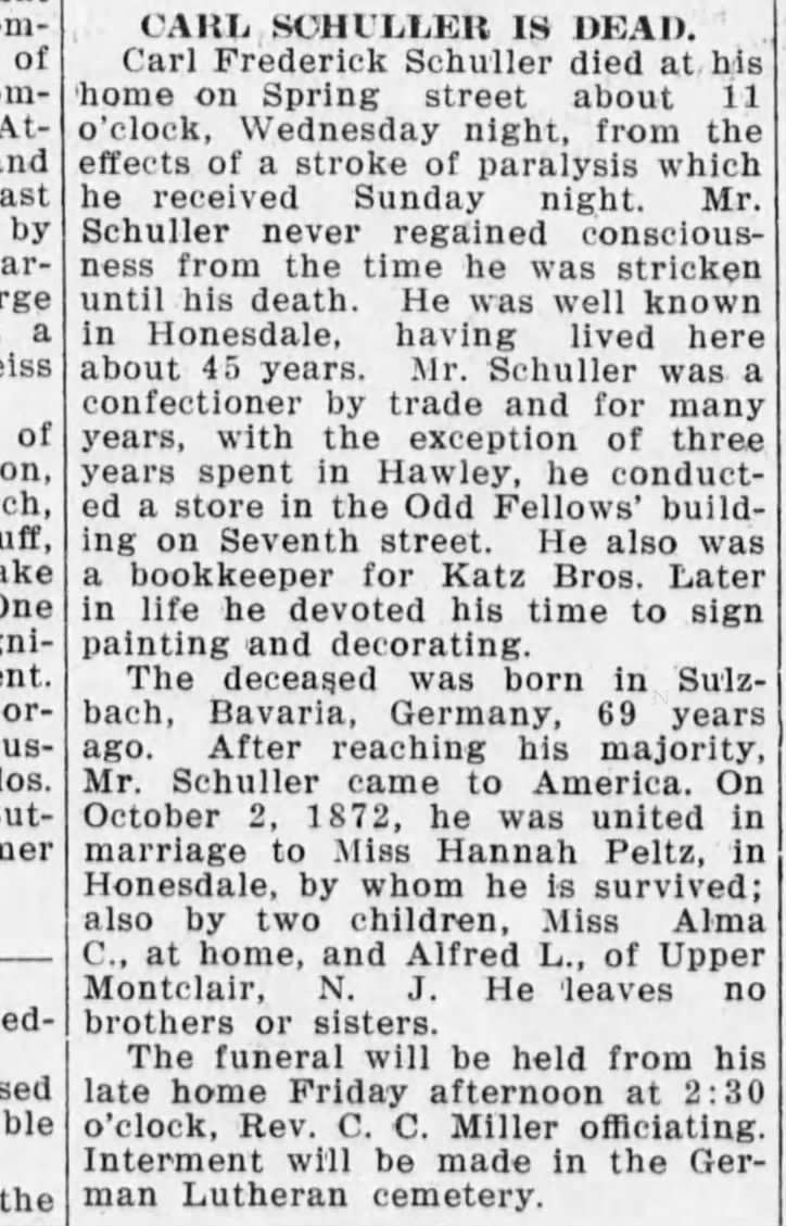 Schuller  Carl obituary 6 Oct 1911