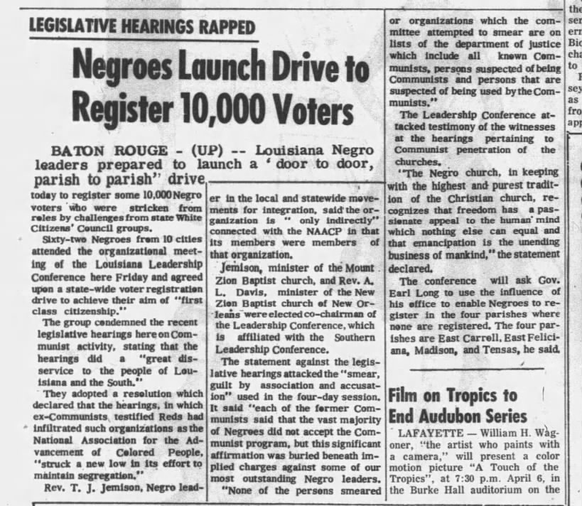 March 17, 1957:  Negroes Launch Drive to Register 10,000 Voters