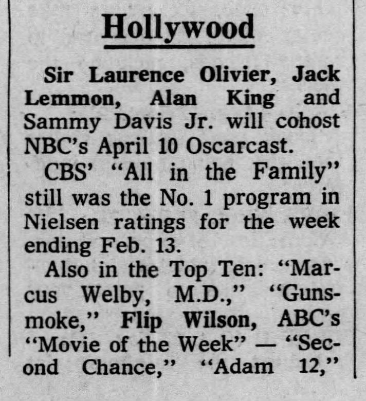 Nielsen ratings February 7th-13th, 1972