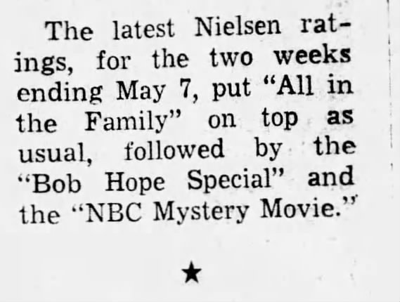 Nielsen ratings April 24th-May 7th, 1972