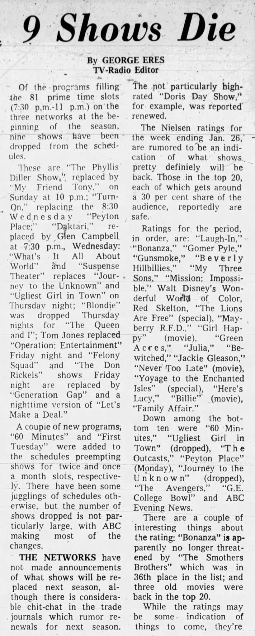 Nielsen ratings January 20th-26th, 1969