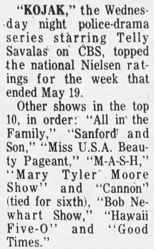 Nielsen ratings May 13th-19th, 1974