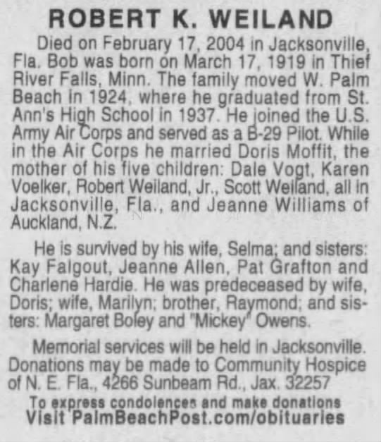 Robert Weiland Obituary - Palm Beach Post - 24 Feb 2004 - Tue