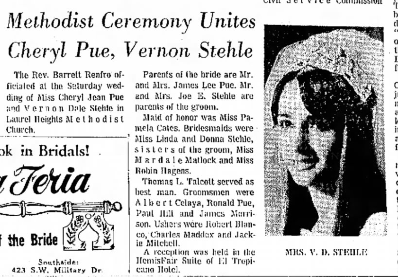 Vernon Stehle/Cheryl Pue wedding; Express and News (SA, Texas) 15 Mar 1970, pg 71