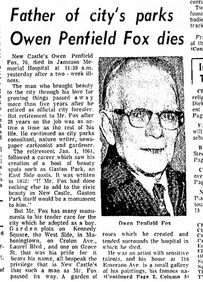 Owen P. Fox Obituary.  New Castle News 10/08/1966.