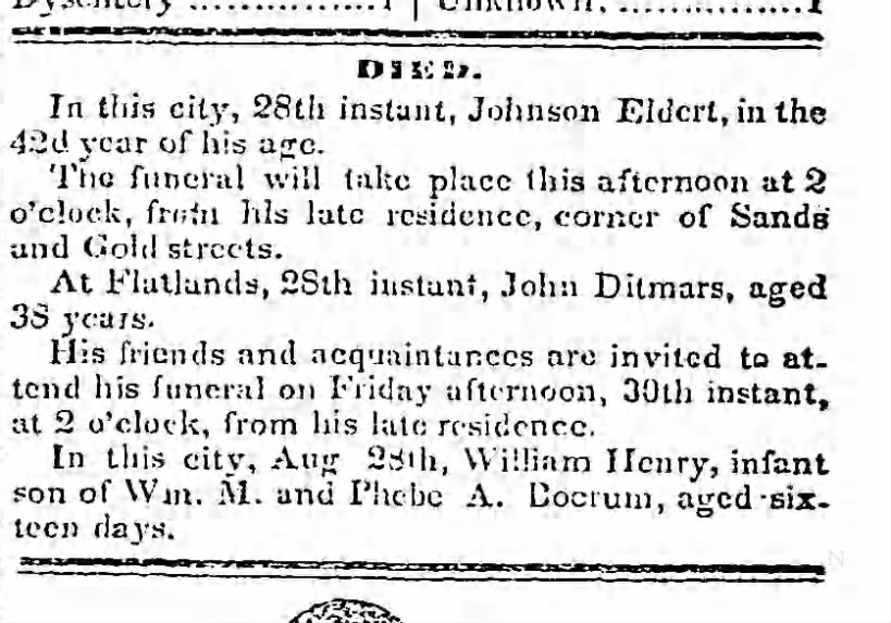 Obituary of Johnson Eldert  August  29, 1844