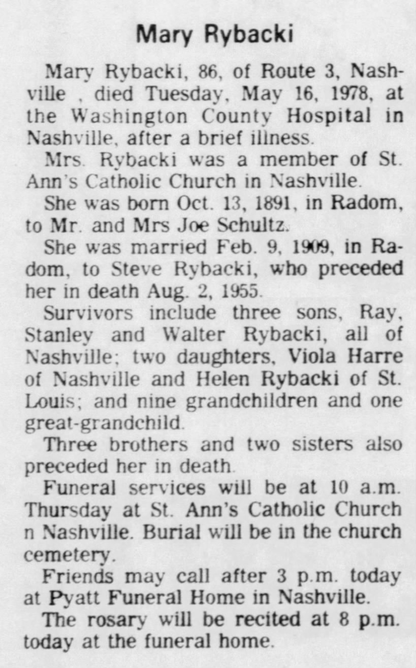 Obituary for Mary Rybacki, 1891-1978 (Aged 86)