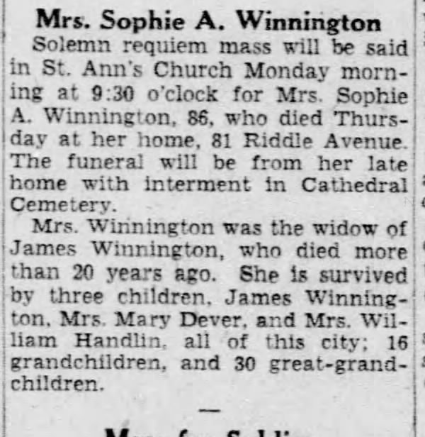 Sophia Lapierre Winnington obit 20 Jan 1945 Morning News