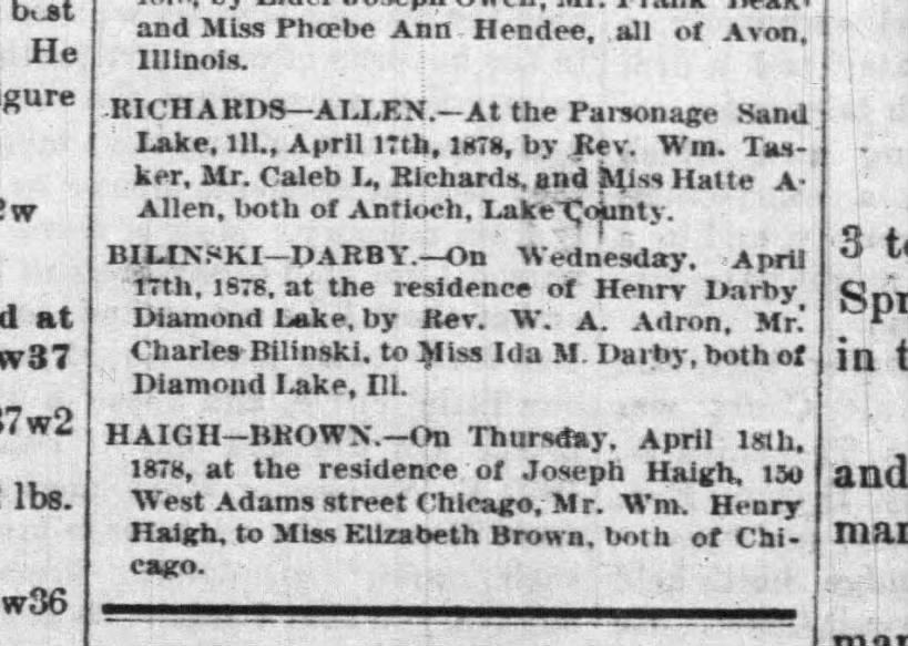 "Married" Ida M. Darby and Charles Bilinski, 17 April 1878