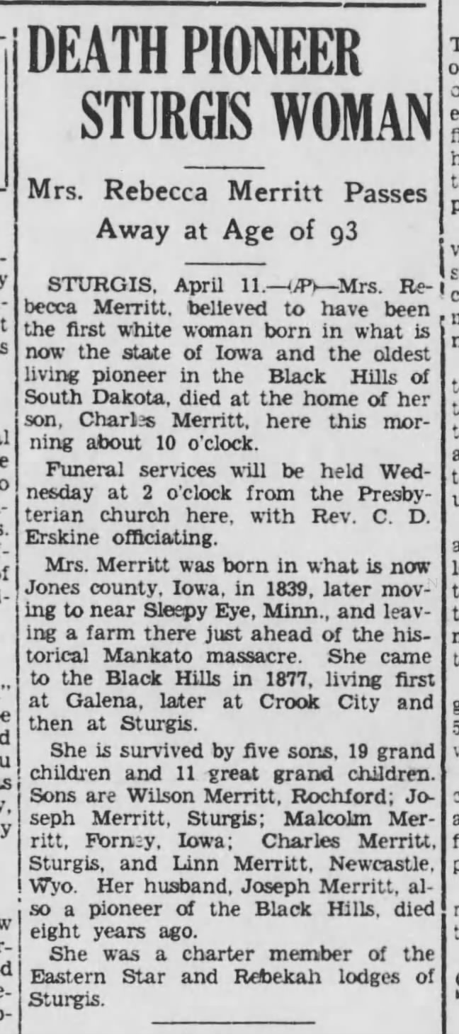 Merritt_Rebecca 1839 1932 obit from Deadwood
